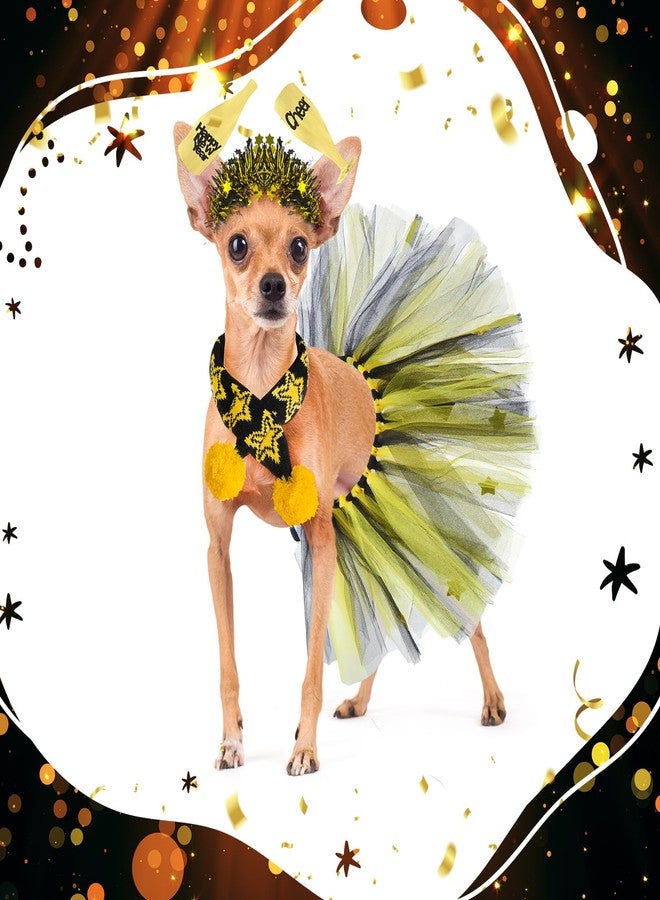 طقم أزياء رأس السنة للكلاب من SilTriangle مكون من 3 قطع، يتضمن طوق رأس على شكل كأس نبيذ، فستان توتو للكلاب، تنورة توتو لطيفة للحيوانات الأليفة، وشاح ذهبي وأسود بنجمة للحيوانات الأليفة متوسطة الحجم، إكسسوار مثالي لإطلالة احتفالية مميزة. - Image 5